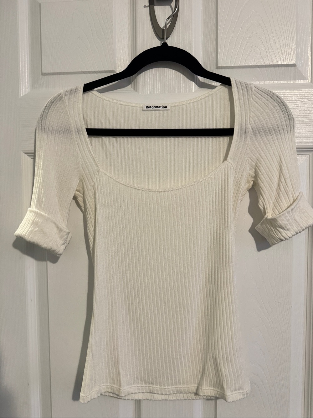 Reformation Ivory Ribbed Scoop Neck Short Sleeve Top - sz small